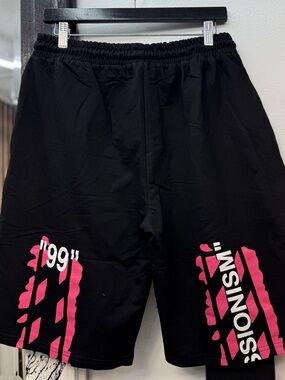 Off-White Black Athletic Shorts with Pink Graphic '99'